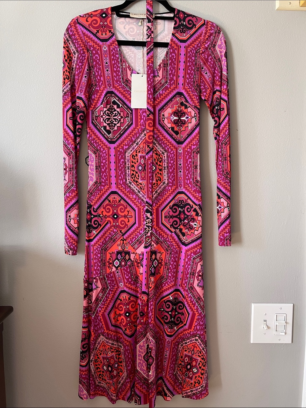 Emilio Pucci Pink & Black Geometric Long Sleeve Midi Dress with belt NEW